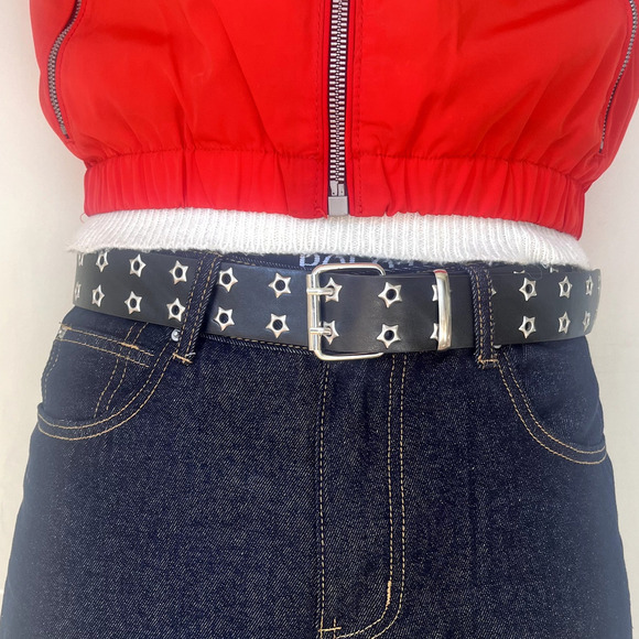 y2k style round studded vegan leather black and silver star studded grunge belt - Picture 1 of 8